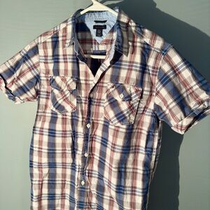 Tommy Hilfiger Youth Boy's Short Sleeve Button Down Blue Plaid Shirt Size XL(20